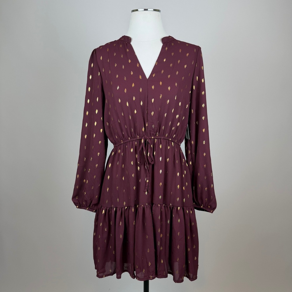 NWT Absolutely Famous Burgundy Gold Foil Long Sleeve Ruffle Hem Mini Dress Small